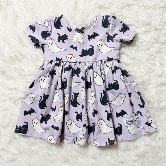 Bella & Omi Other - Bella & Omi Halloween Ghost Black Cat Dress 12/18M Purple Criss Cross Back